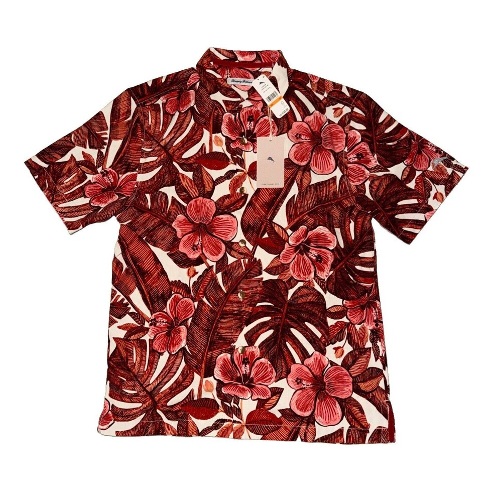 Tommy Bahama Shirt Mens Small Red Floral Lush Camp 100% Silk Tropical Button Up